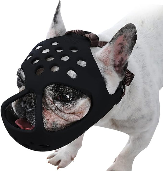BARKLESS Dog Muzzle for Short Snout Dogs, Soft Silicone Muzzle for Biting, Chewing, Licking for French Bulldog Shih Tzu, Ideal for Flat-Faced Aggressive Dogs Grooming Walking, Allows Drinking