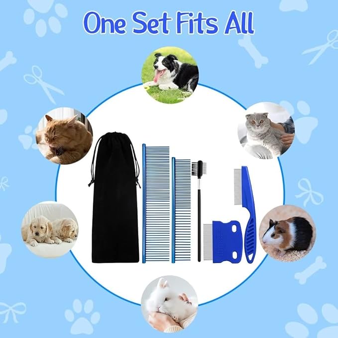 Pet Grooming Comb Kit - Flea Combs for Dog and Cat, 5Pcs Lice Combs and Tear Stain Remover Comb with Stainless Steel Teeth, Professional Pet Grooming Tool with Portable Bag for Removing Knots & Tangle