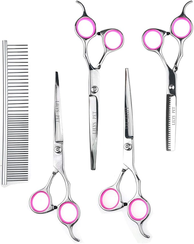 LILYS PET Professional PET DOG Grooming scissors suit,RED ring, Cutting&Curved&Thinning shears (7.0")