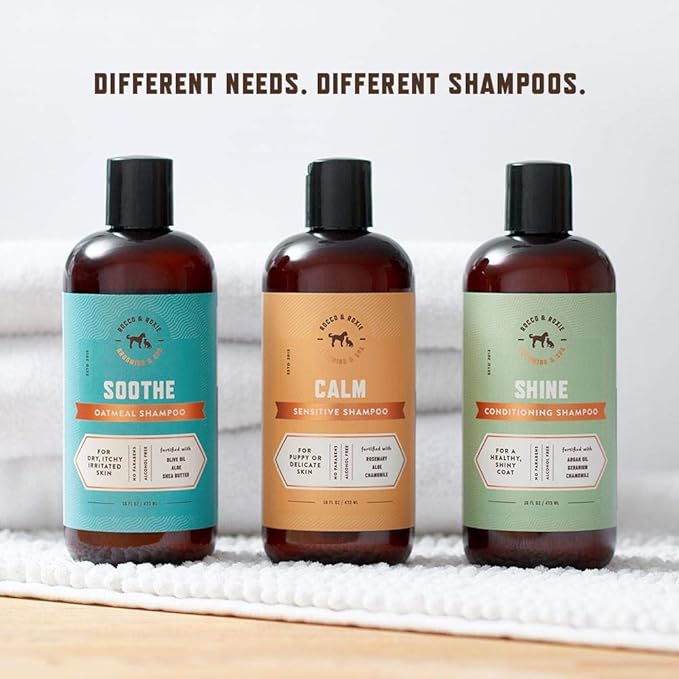 Rocco & Roxie Supply Co. Dog Shampoo and Conditioner - Soothe Oatmeal Shampoo for Itch Relief, Calm Hypoallergenic Shampoo for Sensitive Skin, and Shine Argan Oil Pet Wash - Puppy Bathing Supplies