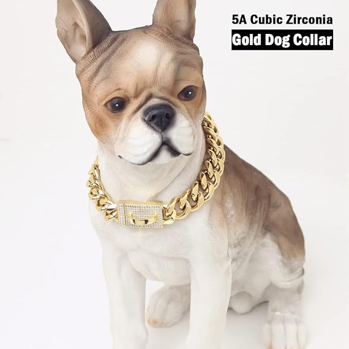 New Gold Chain Dog Collar with Bling Cubic Zirconia Secure Clasp,15MM Strong Stainless Steel Cuban Link Chain Collars,Luxury Necklace Walking Collar for Small Medium Dogs