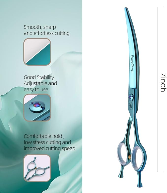 Dog Grooming Scissors: Blueish Green 7 inch Professional Pet Curved Shears Made Of Japanese 440C Advanced Stainless Steel for Dogs Cats and Other Pets