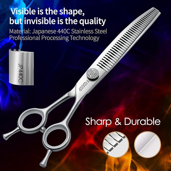 7.0'' Curved Chunkers Shears for Dog Grooming Professional Magic Dog Grooming Scissors with Big Artificial Diamonds 30 Teeth for Large Dog(7.0 in, Curved Chunkers)