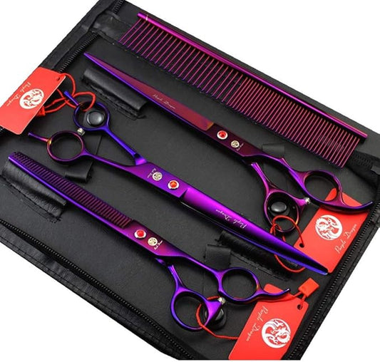 Purple Dragon 8.0 inch Dog Hair Cutting, Curved and Thinning Scissors Shear Pet Grooming Tool Kit (Purple)