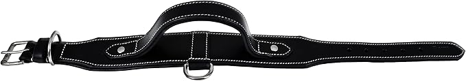 Leather Dog Collar with Handle, 2 Inch Wide Saddle Grade Black Leather Dog Collar for Medium Dogs | Heavy Duty, Comfortable, Inner Soft Padded, Strong | (M (Fit Neck Size 14.5"-18.5"), Black)
