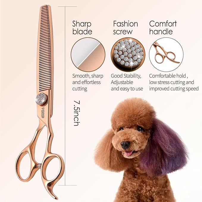 Rose Gold Titanium Thinning Shears for Dogs 50 Teeth 7.5'' Professional Blending Thinner Scissors for Dog Poodle Pet Japanese 440C Sharp and Durable Right Handed(7.5,Thinner)