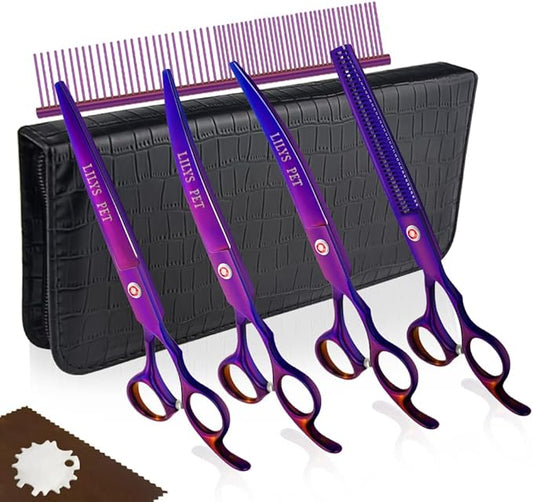 LILYS PET Professional PET DOG Grooming Coated Titanium scissors suit Cutting&Curved&Thinning shears (8.0 inches, Purple)…
