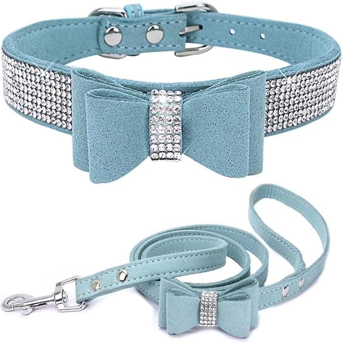 Rhinestone Bowtie Small Dog Collar and Leash Set, Diamond Puppy Collars Bow Crystal Bling Jeweled Glitter Girl Female Adjustable for XXSmall X-Small Small Medium Large Dogs (Light Blue-1,XXLarge)