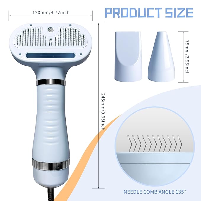 Spray Cat Brush for Shedding Pet Hair Dryer with Slicker Brush - Home Grooming Furry Portable Drying Blower for Short Straight Hair Cat - 3 in 1 Cleaning Brush for Cats and Dogs (BLUE)