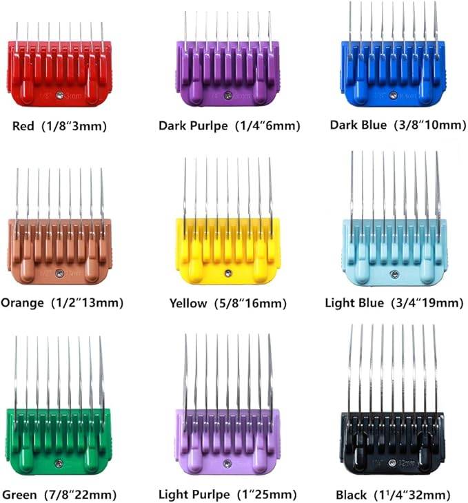 Professional Animal Stainless Steel Attachment 9 Color Guide Comb Set,Compatible with Andis, Oster A5, Wahl KM Series Clipper Detachable Blade Pet, Dog, Cat, and Horse Clippers