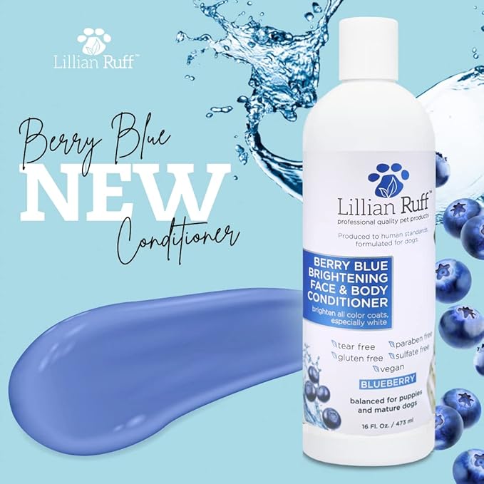 Lillian Ruff Berry Blue Brightening Face & Body Conditioner + Waterless Blueberry Shampoo for Dogs & Cats - Tear Free Blueberry Set- Hydrate Dry Skin, Add Shine & Luster to Coats - Made in USA