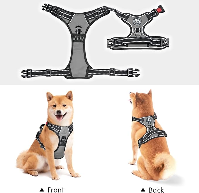PoyPet No Pull Dog Harness, No Choke Front Lead Dog Reflective Harness, Adjustable Soft Padded Pet Vest with Easy Control Handle for Small to Large Dogs(Grey,S)