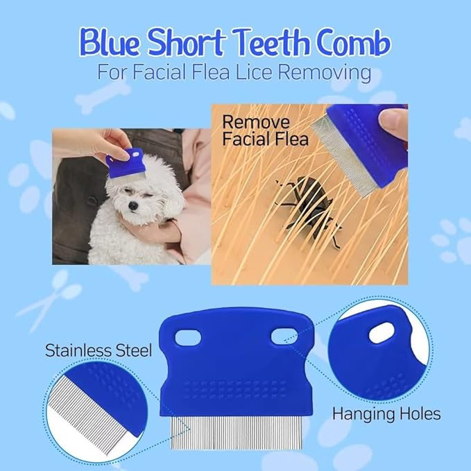 Pet Grooming Comb Kit - Flea Combs for Dog and Cat, 5Pcs Lice Combs and Tear Stain Remover Comb with Stainless Steel Teeth, Professional Pet Grooming Tool with Portable Bag for Removing Knots & Tangle
