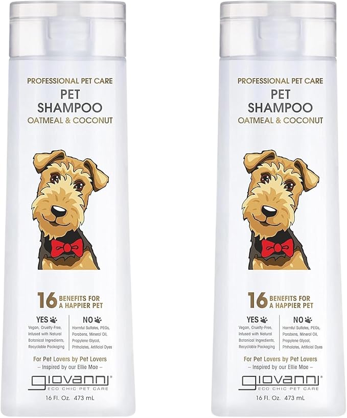 GIOVANNI Professional Pet Shampoo - Oatmeal & Coconut, Aloe Vera, for All Dog Fur Types, Deeply Cleanses, Silkens, Helps Neutralize Odors, Controls Static - 16 oz (Pack of 2)