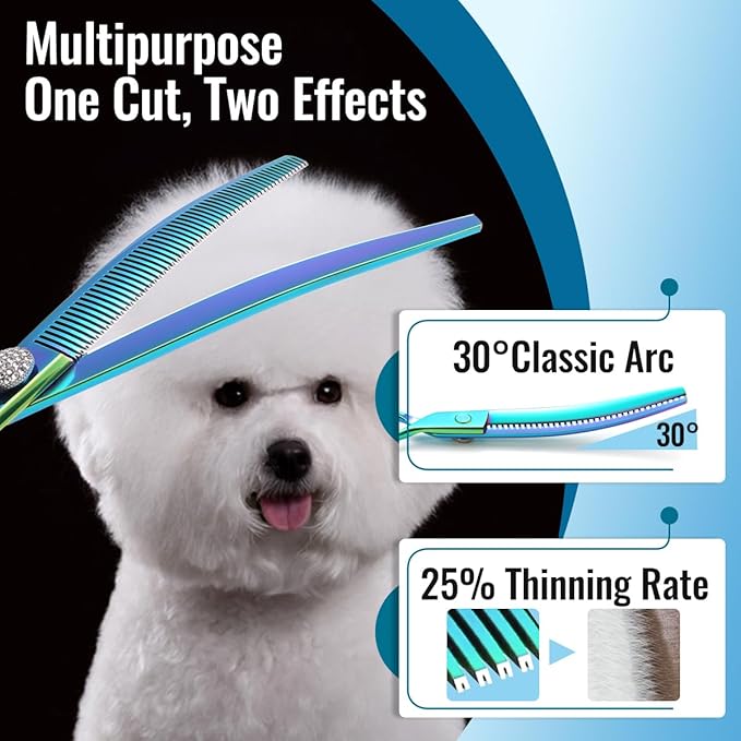 Professional Curved Thinning Shears Dog Grooming Scissors 7.5'' Blue Green Curved Thinner Scissors for Grooming Large Dogs Pet 56 Teeth Japan 440C(Curved Thinner,Turquoise)
