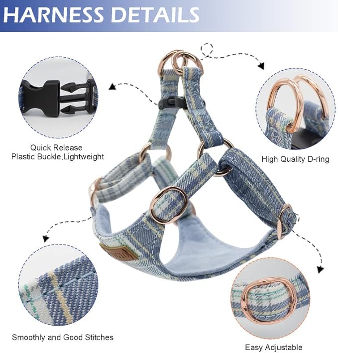 Small Dog Harness and Leash Set, Plaid Puppy Dog Harness XXS, Soft Adjustable Harness for Extra Small-Medium Pet Dogs and Cat No Pull, Blue Plaid, XXSmall