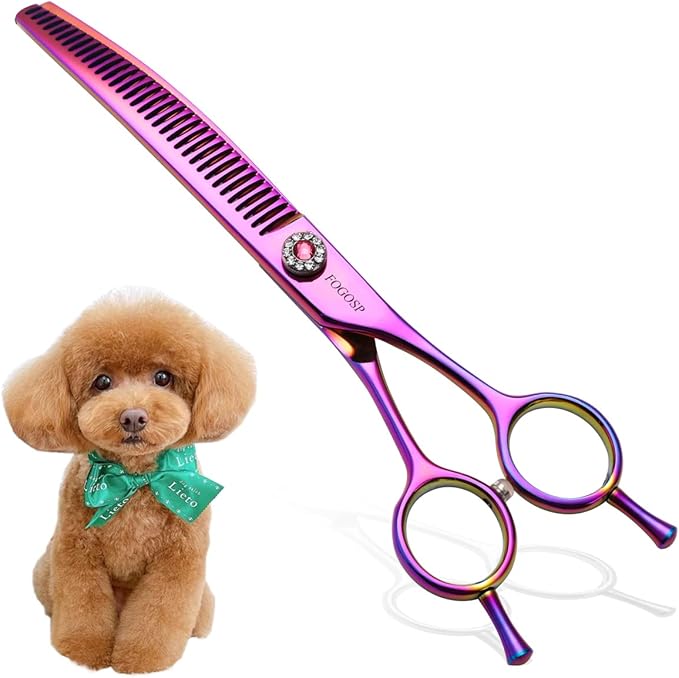 Curved Thinning Shear Dog 7.0'' Professional Downward Curved Chunkers Shears Dog Grooming Japan 440C Stainless Steel 75% Thinning Rate(Rainbow)