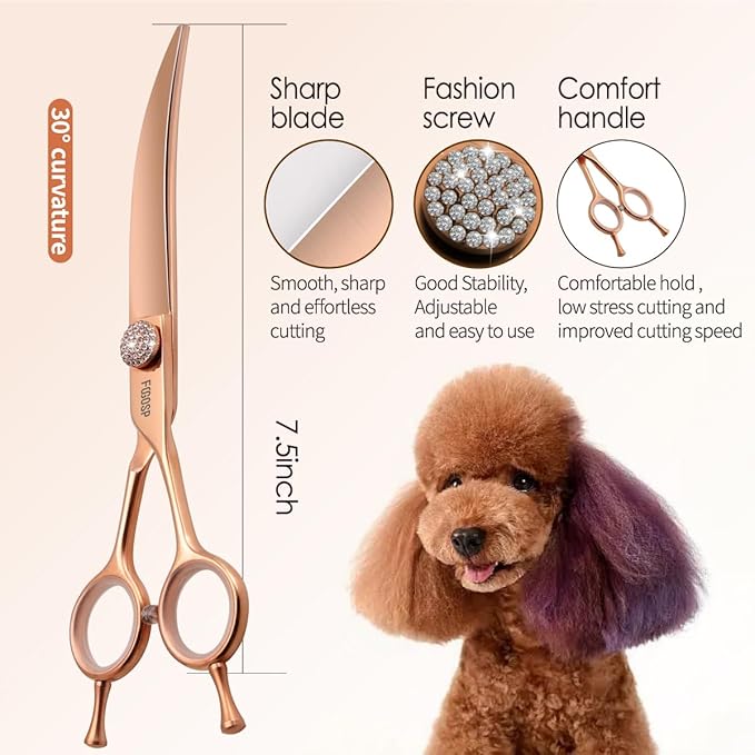 Rose Gold Titanium Curved Dog Grooming Scissors Reverse 7.5'' Downward 30° with Jewelled Screw Japan 440C Professional Pet Grooming Trimming Shears for Dogs Suzhi Teddy(7.5,Curved)