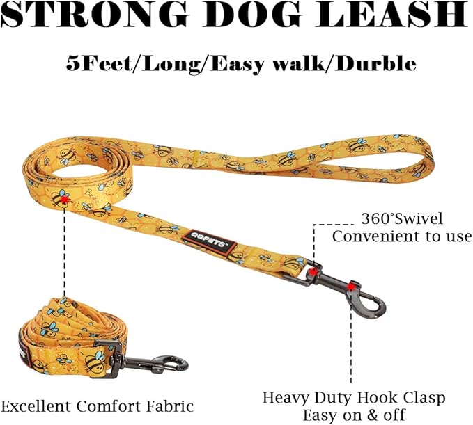 QQPETS Dog Harness Leash Set Adjustable Heavy Duty No Pull Halter Harnesses for Small Medium Large Breed Dogs Back Clip Anti-Twist Perfect for Walking (M(19"-26" Chest Girth), Yellow Bee)