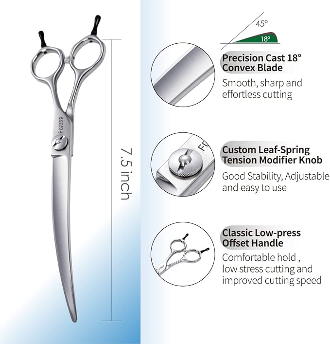 38 Degree Professional Curved Scissors for Dog Grooming 7.5” Japan VG10 Alloy Steel Downward Curved Grooming Shears for Face Right Handed(7.5 inch)