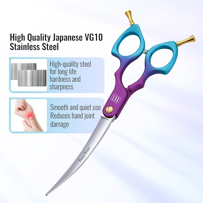 Fenice Dog Grooming Curved Scissors: 6.5" Pet Self-sharpening Split Finishing Shears for Dogs' Faces and Eyes Lightweight Ideal for Tight Spaces and Detailed Grooming Japan VG10 Alloy Steel 63HRC