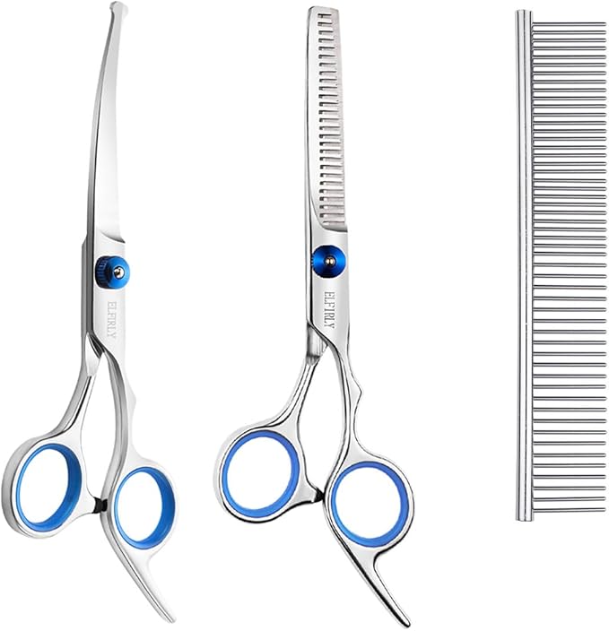 Dog Grooming Scissors Set with Safety Round Tip (2 Pack - Curved Scissors Thinning Shears for Pets) Blue