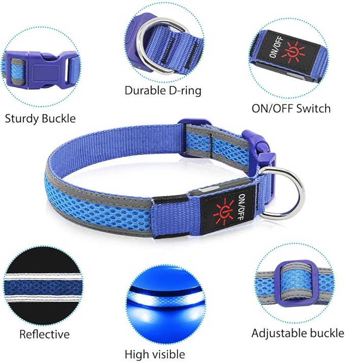 BSEEN Light Up Dog Collar - LED Dog Collar Rechargeable, Adjustable Reflective Dog Collar, Glow in The Dark Dog Camping Gear Dog Lights for Night Walking (Large Collar, Royal Blue)