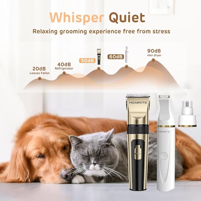 Dog Hair Clippers for Grooming Kit and Dog Paw Trimmer Nail Grinder for Grooming, Low Noise Rechargeable Cordless, Shaver Grooming Supplies for Pet Cats Dogs (Gold, White)