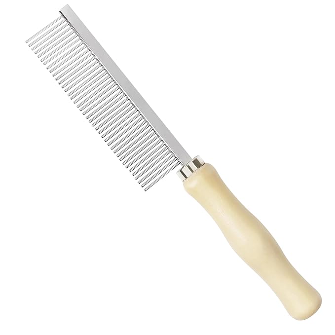 Pet Comb - Stainless Steel Teeth and Wooden Handle - Detangling and Smoothing Tool for Long and Short Hair Dogs and Cats