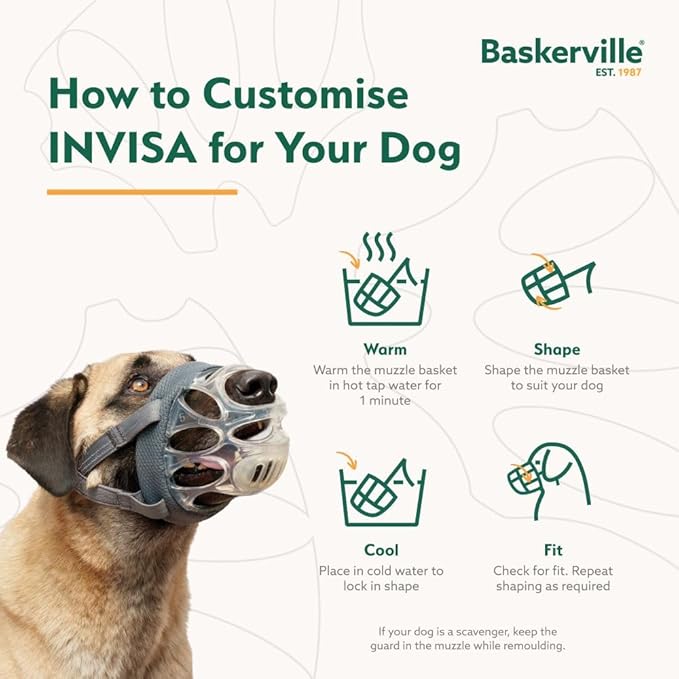Baskerville INVISA Basket Dog Muzzle - Patented Humane Design with Facial Visibility, Padded Nose Band, Dog can Pant and Drink, Prevents Biting and Scavenging. Muzzle for Small Dogs (Size 1)