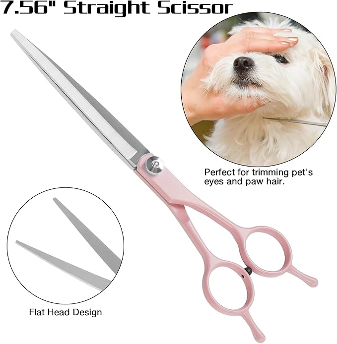 Professional Dog Grooming Scissors Set, 5 in 1 Dog Grooming Scissors Kit, Curved Dog Scissors Pet Thinning Shears, Pet Grooming Supplies, Pink