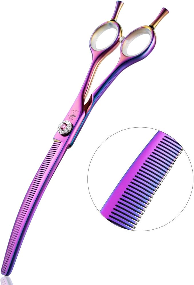 PURPLEBIRD 7 Inch Downward Curved Dog Grooming Scissors Thinning Texturizing Shears Professional Safety Blunt Tip Trimming Shearing for Dogs Cats Face Paws Limbs Japanese Stainless Steel Purple