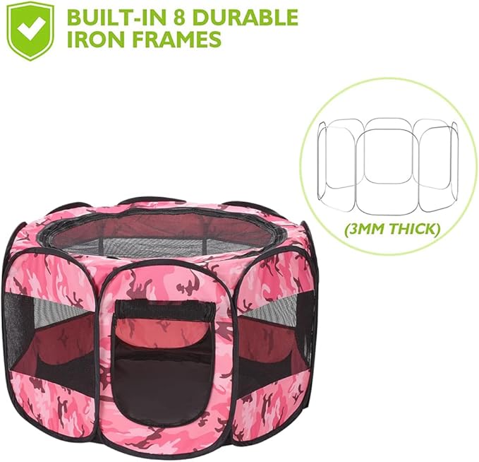 Foldable Pet Dog Playpen, Pop Up Portable Cat Playpen, Indoor/Outdoor for Kitten Puppy Play Pen, Cats Crate Tent with Carrying Bag, 600D Oxford (Camo Pink, Medium (31.5"x31.5"x23"), 8)