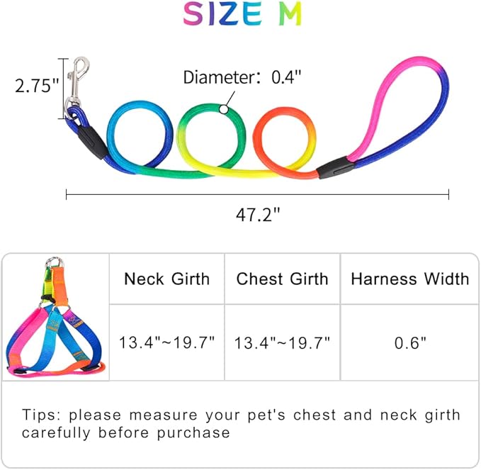 PetsHome Dog Harness & Leash Set Adjustable No Pull Safe Nylon Pet Harness with Leash for Outdoor Walking for Dogs Medium Rainbow
