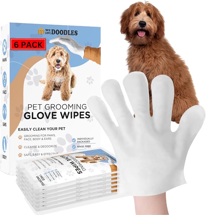 We Love Doodles Dog Cleaning Gloves Wipes - Pet Bathing Wipes for Dogs, Paws, Face, Body, Ears - Safe, Easy & Effective - Individually Packaged, Rinse-Free, Double-Sided, Alcohol-Free (6 Pieces)