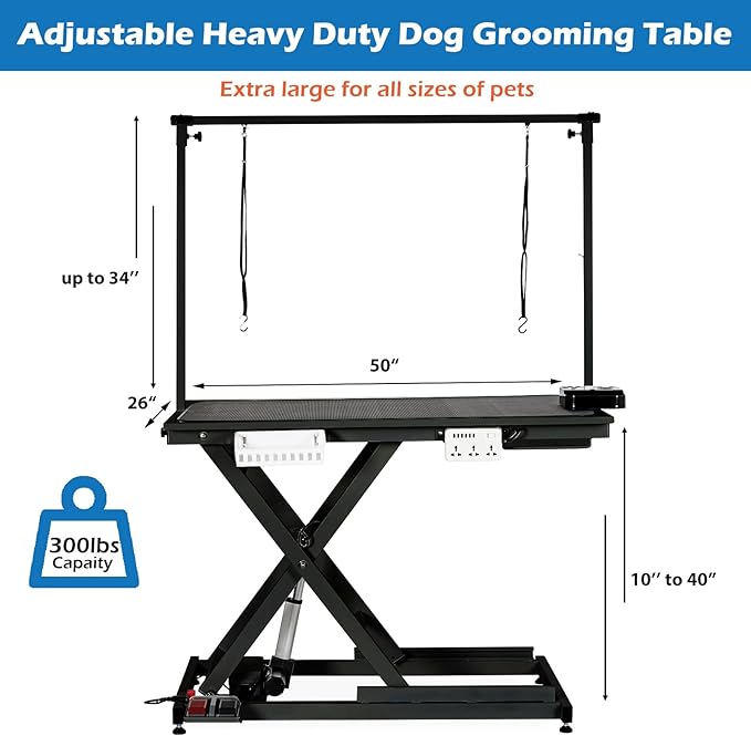 Professional Electric Dog Grooming Table Heavy Duty Pet Grooming Table Height Adjustable w/Leveling Wheels, Dog Grooming Arm, Anti Slip Tabletop &Tool Organizer, Dog Grooming Station 50" Black