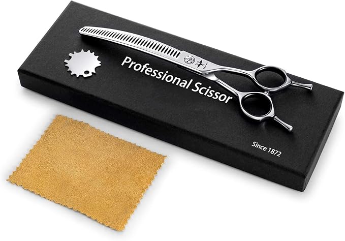 PURPLEBIRD 7 Inch Downward Curved Dog Grooming Scissors Pet Thinning Texturizing Shears Professional Safety Blunt Tip Trimming Shearing for Dogs Cats Face Paws Limbs Japanese Stainless Steel Silver