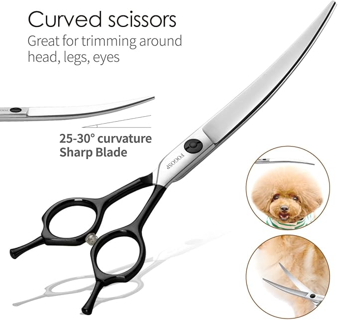 Professional Dog Grooming Scissors Kit 4pcs FOGOSP 7 inch Curved Thinning Straight Chunker Shears for Dogs Cat Pets (7 in Kit, Black)