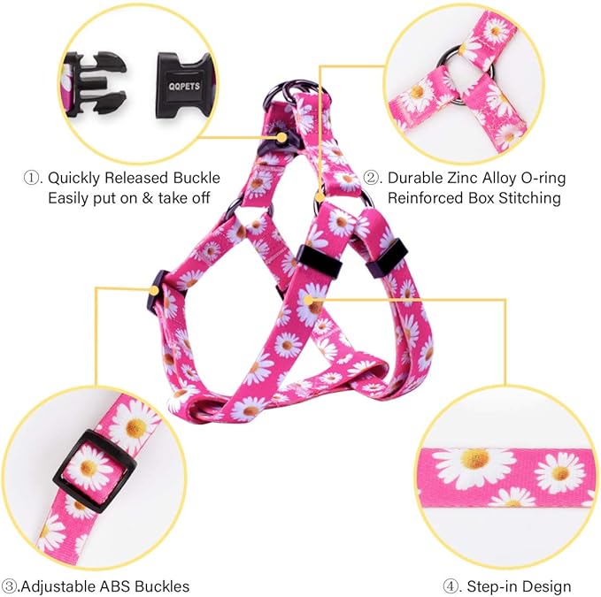 QQPETS Dog Harness Leash Set Adjustable Heavy Duty No Pull Halter Harnesses for Small Medium Large Breed Dogs Back Clip Anti-Twist Perfect for Walking (XS(12"-18" Chest Girth), Daisy)