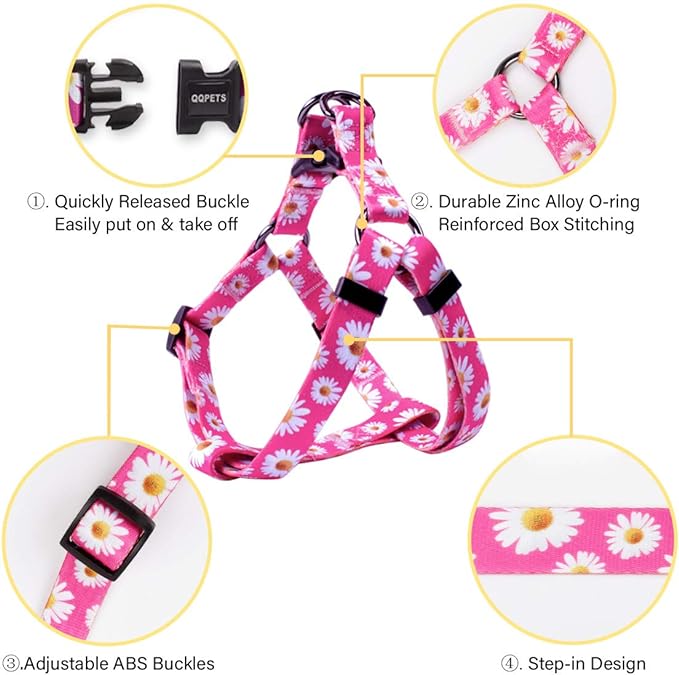 QQPETS Dog Harness Leash Set Adjustable Heavy Duty No Pull Halter Harnesses for Small Medium Large Breed Dogs Back Clip Anti-Twist Perfect for Walking (M(19"-26" Chest Girth), Daisy)