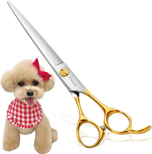 Professional Dog Grooming Scissors Straight 7" Pet Grooming Shears for Cutting Small Dogs Cat Thick Hair Japan 440C Stainless Steel Right Handed(7 in Straight, Gold)