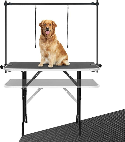 LEIBOU 45'' Height Adjustable(23''~33.8'') and Foldable Pet Dog Grooming Table Heavy Duty Iron Frame with H-Shape Grooming Arm & 3 Noose, Maximum Capacity Up to 260lbs, Black