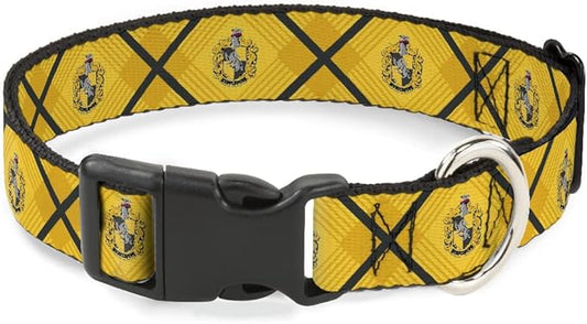 Buckle-Down Dog Collar Plastic Clip Harry Potter Hufflepuff Crest Plaid Yellows Gray 11 to 16.5 Inches 1.0 Inch Wide