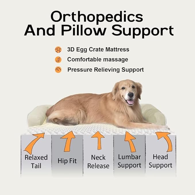 Large Dog Bed Orthopedic Washable - Beds Bolster Pet - XXXL Large Big Dogs - Memory Foam - Couch Sofa Bed- Waterproof with Removable Cover - Beige Dog Bed