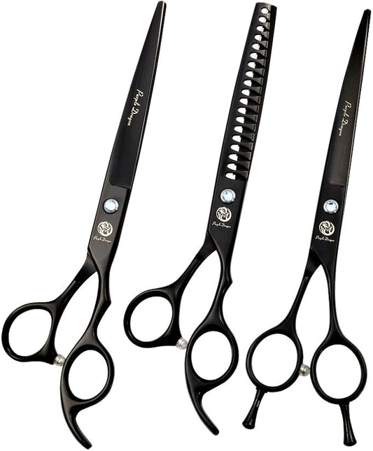 Purple Dragon 7.0 inch Professional Dog Grooming Hair Cutting Scissor &Curved Scissor&Chunker Shear Kit with Bag - for Pet Groomer or Family DIY Pet Use