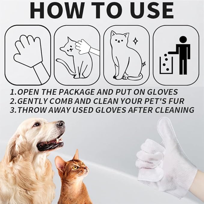 Cleaning Glove for Dog and Cat, Wipes Gloves for Dog and Cat Fur Face, Ear, Eye, Paws Cleaning Wipes Pet Wash Free Gloves, Grooming Wipes for Pet No Rinse Thick Dog Wipes Gloves(12 Pcs)