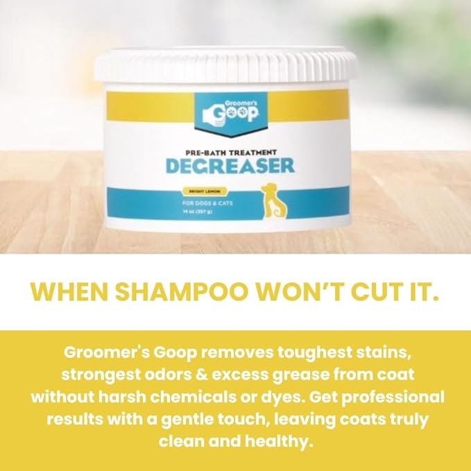 Groomer’s Goop Pre-Bath Pet Degreaser Treatment - Professional Strength Formula Removes Tough Oil & Grime from Dog & Cat Coats, Conditions Skin, Dye-Free - 14 oz Can