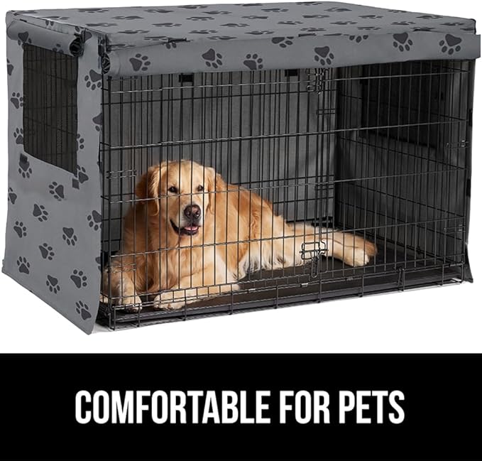 GORILLA GRIP Dog Crate Covers compatible with Amazon Basics Dog Crates, All Sides Open, Privacy Cover Fits 42" Wire Kennel, Breathable Mesh Windows, Light Reducing Puppy Training Cage Topper, Gray Paw