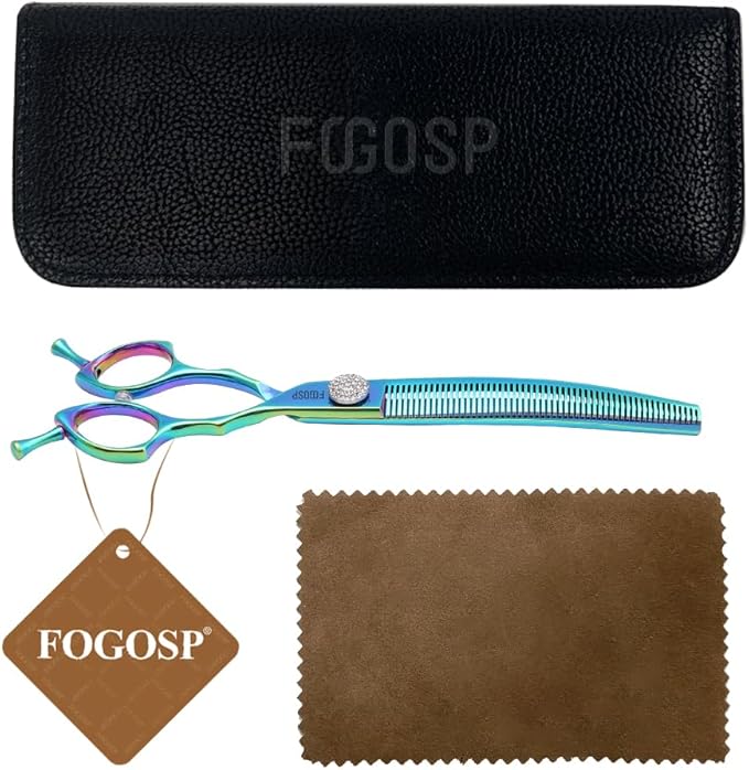 Professional Curved Thinning Shears Dog Grooming Scissors 7.5'' Blue Green Curved Thinner Scissors for Grooming Large Dogs Pet 56 Teeth Japan 440C(Curved Thinner,Turquoise)