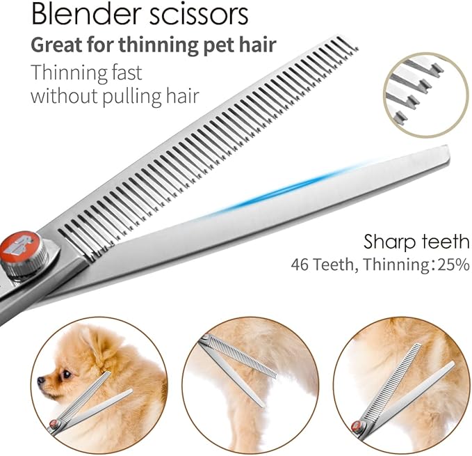 Professional Dog Grooming Scissors Kit 8 in Curved Thinning Straight Chunker Shears and Comb 5pcs Set for Grooming Big Dogs Poodle Pet Japan 440C Stainless Steel